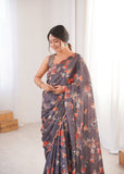 Charcoal Grey Printed Saree with Mirror Border Lightweight Festive Wear Saree