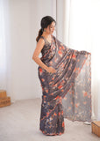 Charcoal Grey Printed Saree with Mirror Border Lightweight Festive Wear Saree