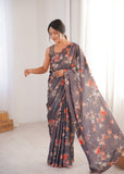 Charcoal Grey Printed Saree with Mirror Border Lightweight Festive Wear Saree