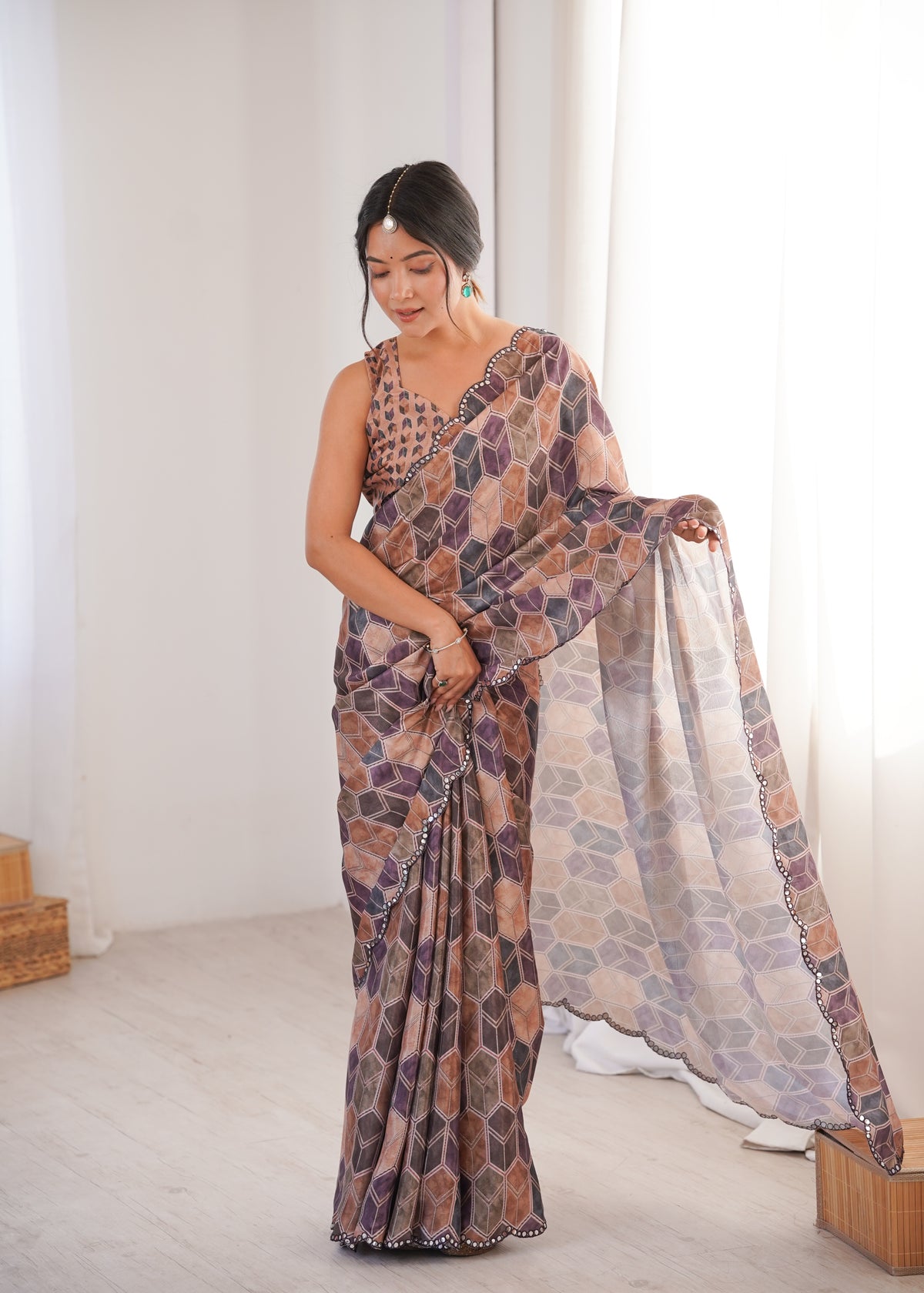 Beige Printed Saree with Mirror Border Lightweight Festive Wear Saree