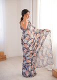 Grey Printed Saree with Mirror Border Lightweight Festive Wear Saree