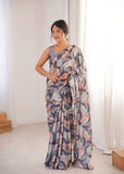 Grey Printed Saree with Mirror Border Lightweight Festive Wear Saree