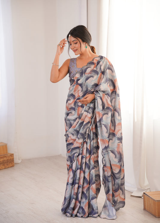 Grey Printed Saree with Mirror Border Lightweight Festive Wear Saree