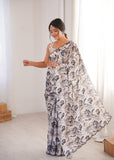 White Printed Saree with Mirror Border Lightweight Festive Wear Saree