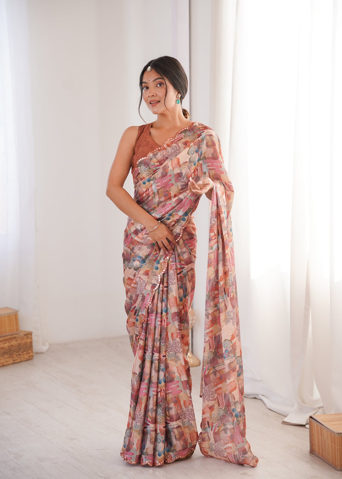 Peach Printed Saree with Mirror Border Lightweight Festive Wear Saree
