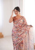 Peach Printed Saree with Mirror Border Lightweight Festive Wear Saree
