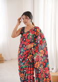 Black Printed Saree with Mirror Border Lightweight Festive Wear Saree