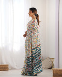 Multicolor Geometric Printed Silk Saree with Scalloped Mirror Lace Border & Blouse