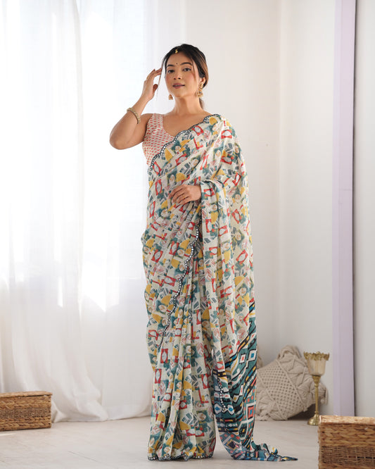 Multicolor Geometric Printed Silk Saree with Scalloped Mirror Lace Border & Blouse