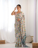 Multicolor Geometric Printed Silk Saree with Scalloped Mirror Lace Border & Blouse