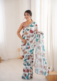 White Printed Saree with Mirror Border Lightweight Festive Wear Saree