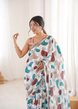 White Printed Saree with Mirror Border Lightweight Festive Wear Saree