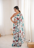 White Printed Saree with Mirror Border Lightweight Festive Wear Saree