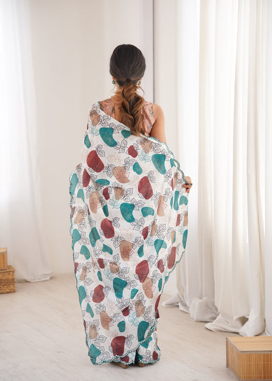 White Printed Saree with Mirror Border Lightweight Festive Wear Saree