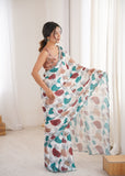 White Printed Saree with Mirror Border Lightweight Festive Wear Saree