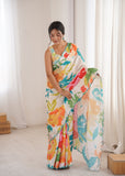 White Printed Saree with Mirror Border Lightweight Festive Wear Saree