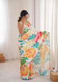White Printed Saree with Mirror Border Lightweight Festive Wear Saree