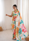 White Printed Saree with Mirror Border Lightweight Festive Wear Saree