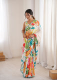 White Printed Saree with Mirror Border Lightweight Festive Wear Saree