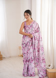 Lavender Printed Saree with Mirror Border Lightweight Festive Wear Saree