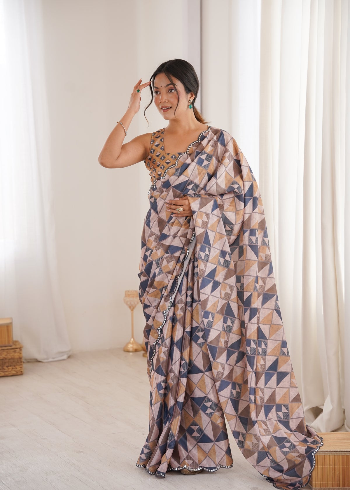 Beige Printed Saree with Mirror Border Lightweight Festive Wear Saree
