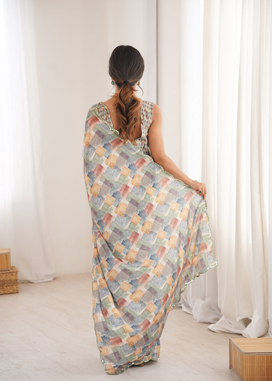Sea Green Printed Saree with Mirror Border Lightweight Festive Wear Saree