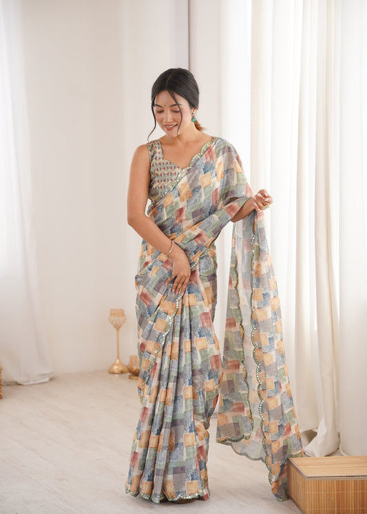Sea Green Printed Saree with Mirror Border Lightweight Festive Wear Saree