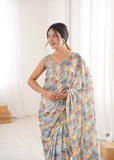 Sea Green Printed Saree with Mirror Border Lightweight Festive Wear Saree