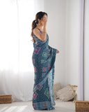 Navy Blue Bandhani-Inspired Silk Saree with Color Block Prints & Mirror Work Border