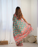 Ethnic Print Green & Pink Soft Silk Saree with Blouse Piece