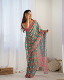 Ethnic Print Green & Pink Soft Silk Saree with Blouse Piece