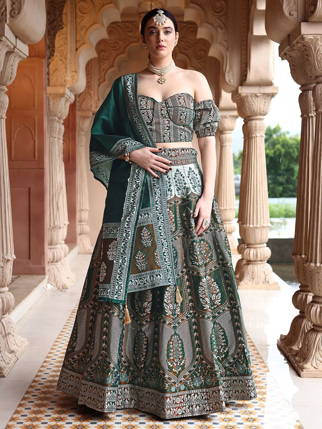 Emerald Green Ajrakh Print Lehenga Set with Off-Shoulder Puff Sleeve Blouse