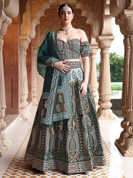 Emerald Green Ajrakh Print Lehenga Set with Off-Shoulder Puff Sleeve Blouse