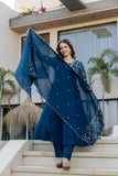 Teal Blue Embroidered Silk Kurta Pant Set with Dupatta