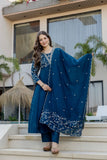 Teal Blue Embroidered Silk Kurta Pant Set with Dupatta