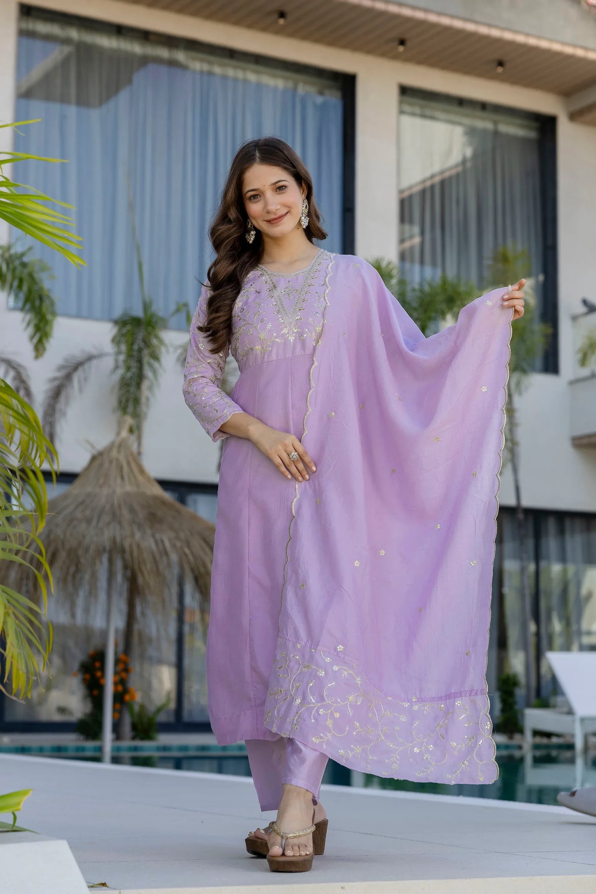 Lavender Embroidered Silk Kurta Pant Set with Dupatta