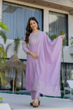 Lavender Embroidered Silk Kurta Pant Set with Dupatta