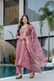 Mauve Pink Embroidered Chanderi Kurta Pant Set with Dupatta