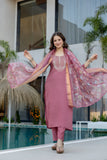 Mauve Pink Embroidered Chanderi Kurta Pant Set with Dupatta