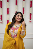 Yellow Embroidered Chanderi Kurta Pant Set with Dupatta
