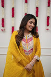 Yellow Embroidered Chanderi Kurta Pant Set with Dupatta