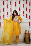 Yellow Embroidered Chanderi Kurta Pant Set with Dupatta