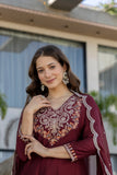 Maroon Embroidered Chinon Kurta Pant Set with Dupatta