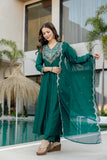 Green Embroidered Chinon Kurta Pant Set with Dupatta
