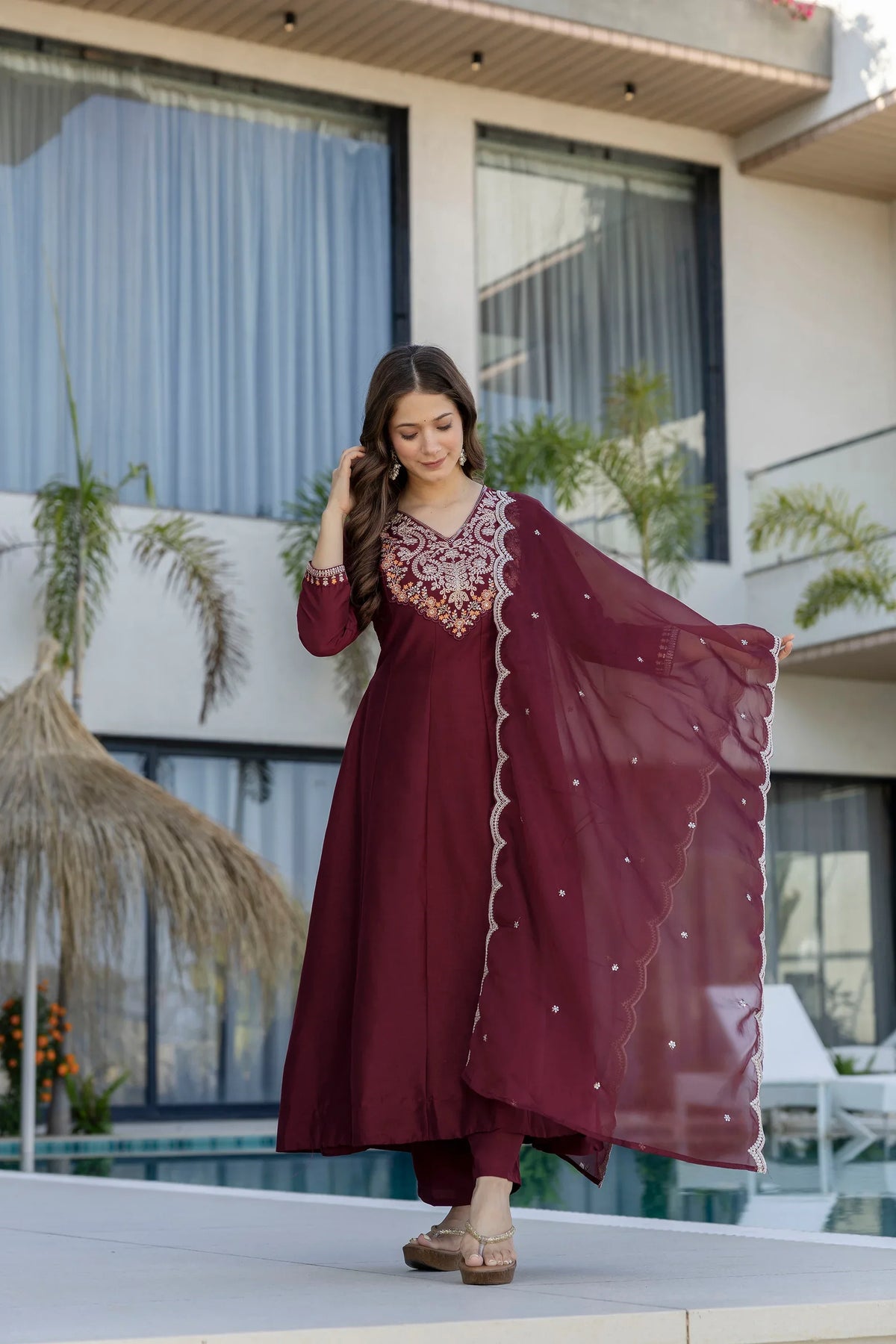Maroon Embroidered Chinon Kurta Pant Set with Dupatta