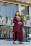 Maroon Embroidered Chinon Kurta Pant Set with Dupatta