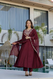Maroon Embroidered Chinon Kurta Pant Set with Dupatta
