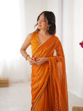 Elegant Yellow Embellished Georgette Saree with Golden Trim