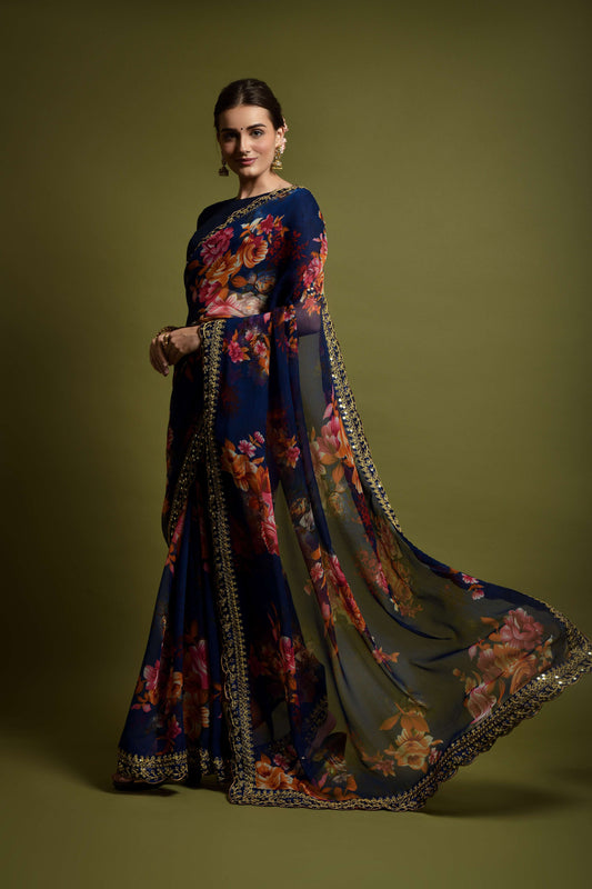 Navy Blue Floral Georgette Saree with Golden Embroidered Border