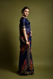 Navy Blue Floral Georgette Saree with Golden Embroidered Border